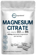 Magnesium Citrate 400mg with Vitamin D3 1000IU & B6, 240 Capsules