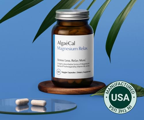 AlgaeCal Magnesium Relax™ - Chelated Magnesium with Ashwagandha for Sleep & Occasional Anxiety - Glycinate, Malate, Citrate - Sleep, Mood, & Cortisol Support (60 Caps - 1 Month Supply) ALGAECALBuy Supplements Australia
