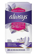 Always Xtra Protection 3-in-1 Daily Liners Extra Long Unscented 26 Ct AlwaysBuy Supplements Australia