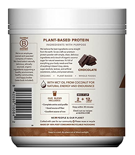 ALOHA Organic Plant Based Protein Powder, Stevia Free, Chocolate, 19.6 oz, 15 Servings ALOHABuy Supplements Australia