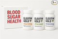 Three ELEOTIN GOLD supplement bottles labeled 'morning', 'afternoon', and 'evening' next to a box labeled 'Blood Sugar Health'.