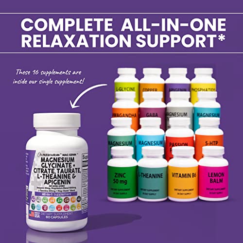 Magnesium Glycinate Complex 1000mg with L-Theanine 200mg Apigenin 50mg Citrate Taurate Supplement - 5-HTP GABA Passion Flower Lemon Balm L-Glycine Phosphatidylserine Ashwagandha - USA Made Clean Nutra