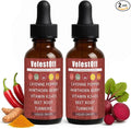Two bottles of VelestOff liquid drops with ingredients displayed on a white background