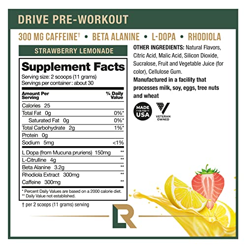 Live Relentless by Tim Kennedy, Drive Pre-Workout, Merica's Strawlemon, 30 Servings, 300mg Caffeine per 2 Scoops, Made in The USA,