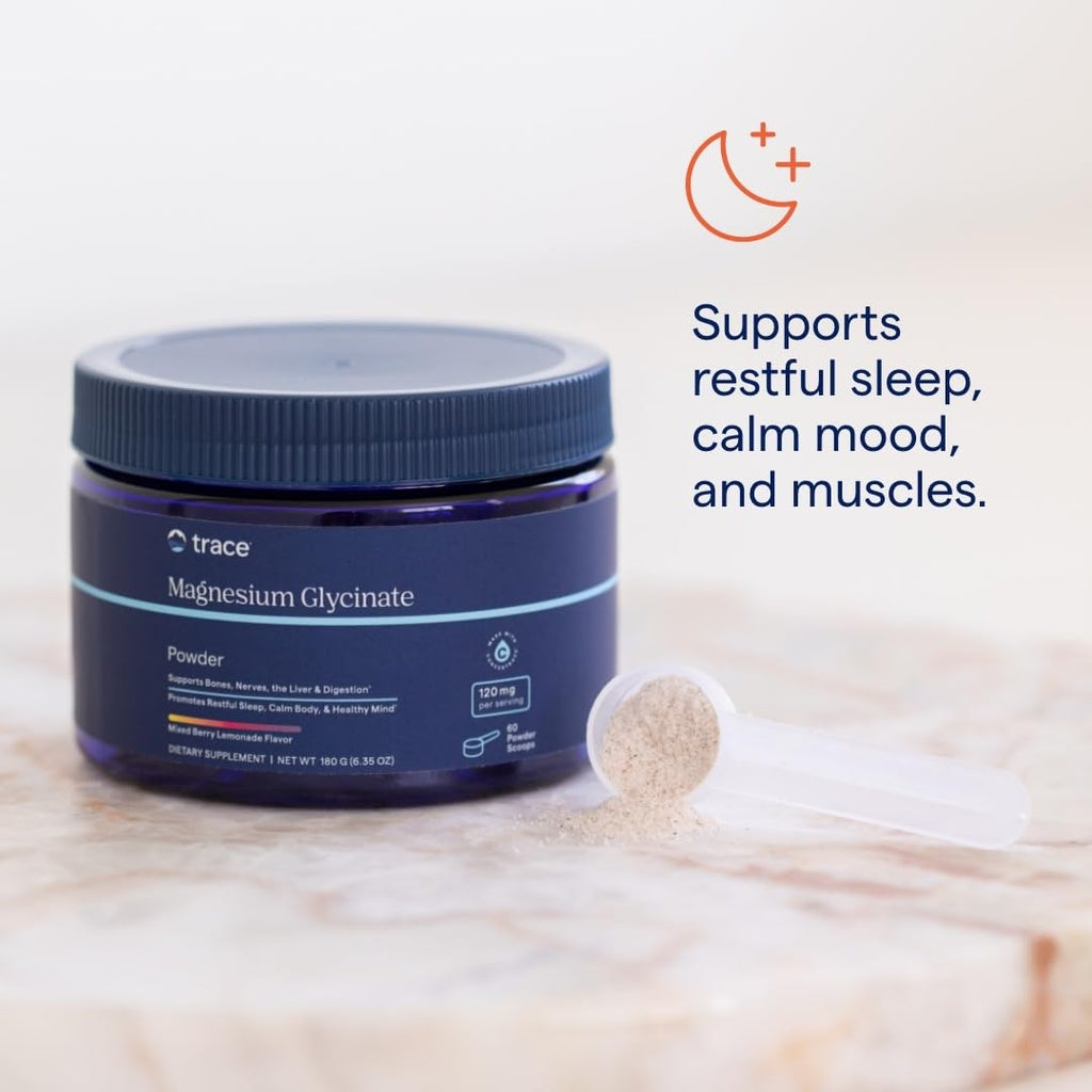 Trace Minerals Magnesium Glycinate Powder - Daily Magnesium Powder for Sleep Support - Calming Bedtime Drink - Natural & Gentle - Mixed Berry Lemonade - 180g (60 Servings) Trace MineralsBuy Supplements Australia