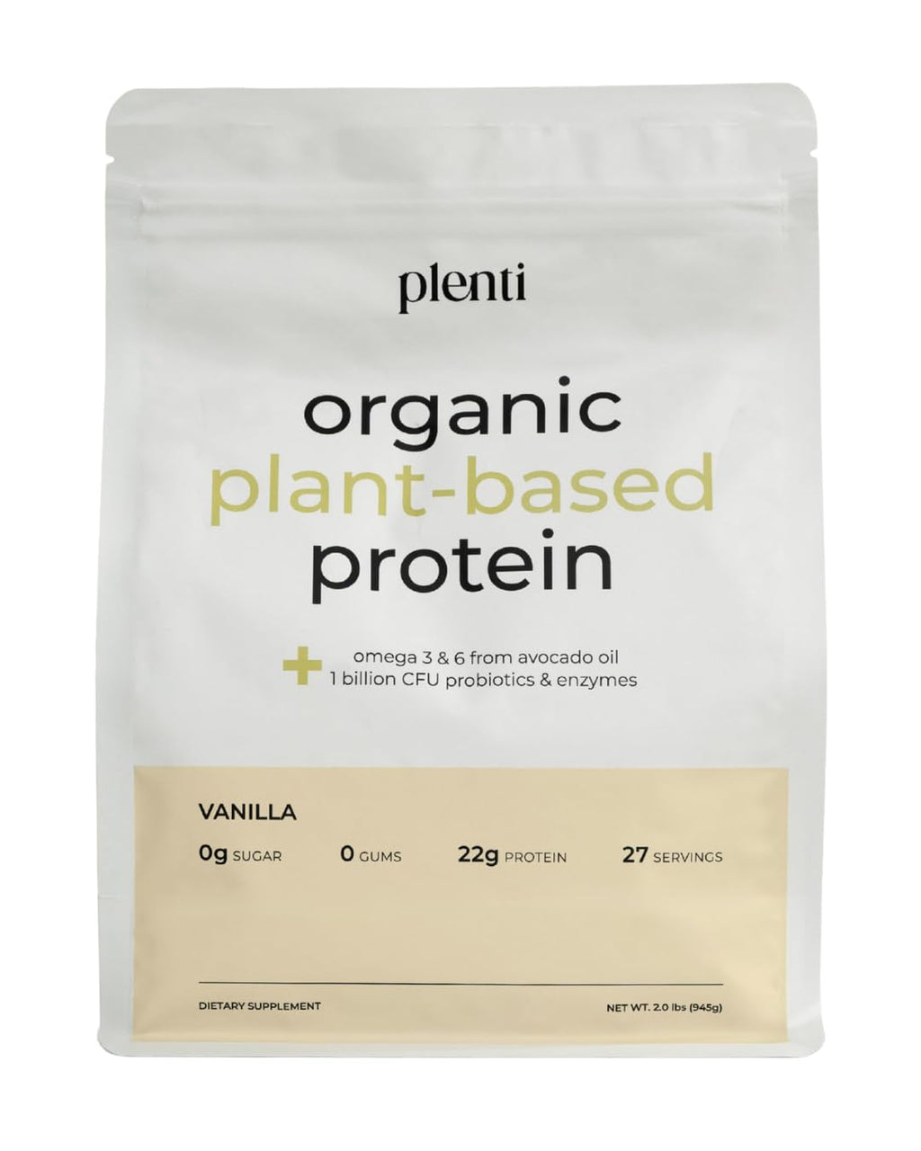 plenti Organic Plant-Based Protein Powder: Vanilla - 20g Pea Protein + Probiotics, Digestive Enzymes & Omega 3-6, Gut Friendly, Sugar Free, 27 Servings (2 lbs) plentiBuy Supplements Australia