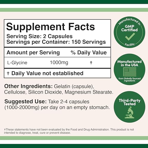 Glycine Supplement - 1,000mg Glycine Powder per Serving (300 Capsules) The Relaxing Amino Acid (Glicina) (Third Party Tested, Gluten Free, Non-GMO) by Double Wood Double Wood SupplementsBuy Supplements Australia