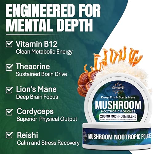 CONVERTTA Mushroom Nootropic Pouches - 200mg Nicotine-Free, Caffeine-Free Organic Mushroom Energy Ultra Pouches with Lion's Mane, Reishi, Cordyceps for Focus & Clean Energy - (6, Cool Mint) CONVERTTABuy Supplements Australia