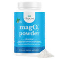 Container of magO7 powder with blue label and white powder on a white background