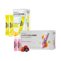 Supplement products including Super Retinol and Super Collagen on a white background