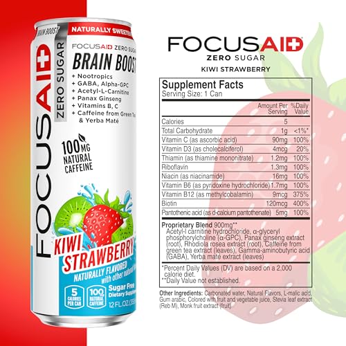 FOCUSAID ZERO SUGAR Nootropics Blend, Alpha-GPC, GABA, 100mg Natural Caffeine from Green Tea, Yerba Mate, Vitamin B-Complex, Keto-Friendly, No Artificial Sweeteners, 12 Fl Oz (Pack of 12) LIFEAIDBuy Supplements Australia