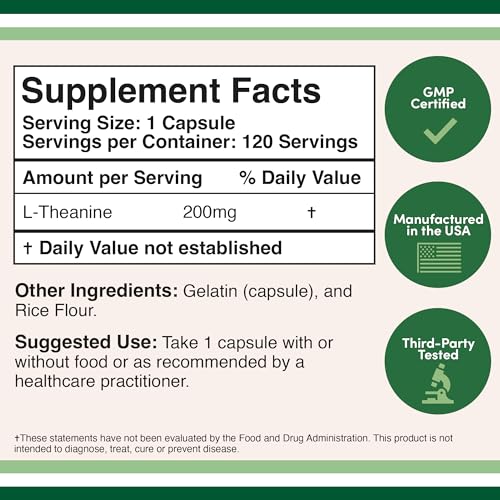 L-Theanine Supplement 200mg, 120 Capsules (Soy Free, Gluten Free, Non-GMO Double Wood SupplementsBuy Supplements Australia
