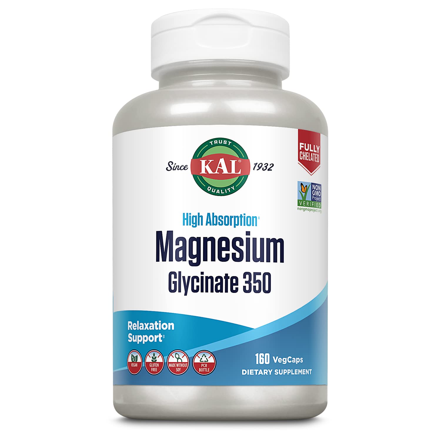 KAL Magnesium Glycinate Capsules, Fully Chelated Magnesium Bisglycinate, High Absorption Magnesium Supplement, Healthy Bones, Muscle,