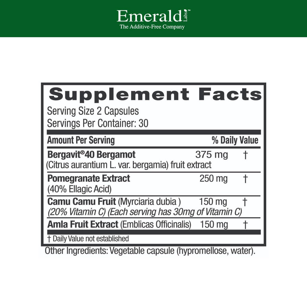 EMERALD LABS Bergamot+ - Supports Metabolism & Heart Health with Bergamot, Pomegranate, Amla & Camu Camu - Gluten-Free & Vegan - 60 Vegetable Capsules (30 Servings) EMERALD LABSBuy Supplements Australia
