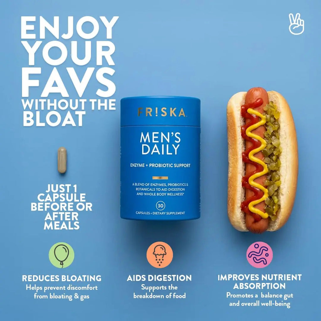 Friska Daily Digestive Enzymes with Probiotics for Men - Helps Break Down Protein, Fat & Carbs, Reduces Bloating & Gas, with Vitamins B6 & B12, 30 Capsules FR!SKABuy Supplements Australia