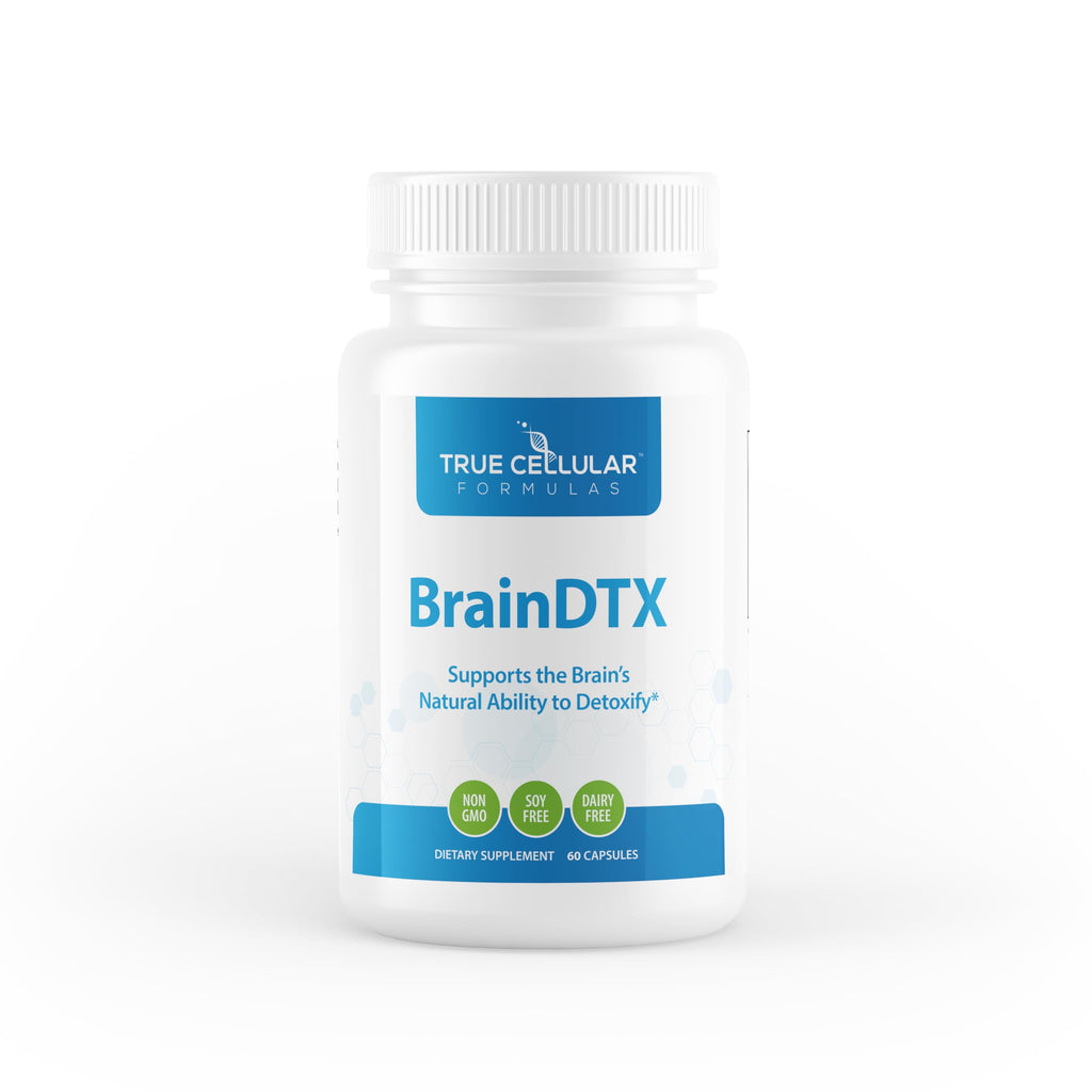 Supplement bottle labeled 'BrainDTX' by True Cellular Formulas on a white background
