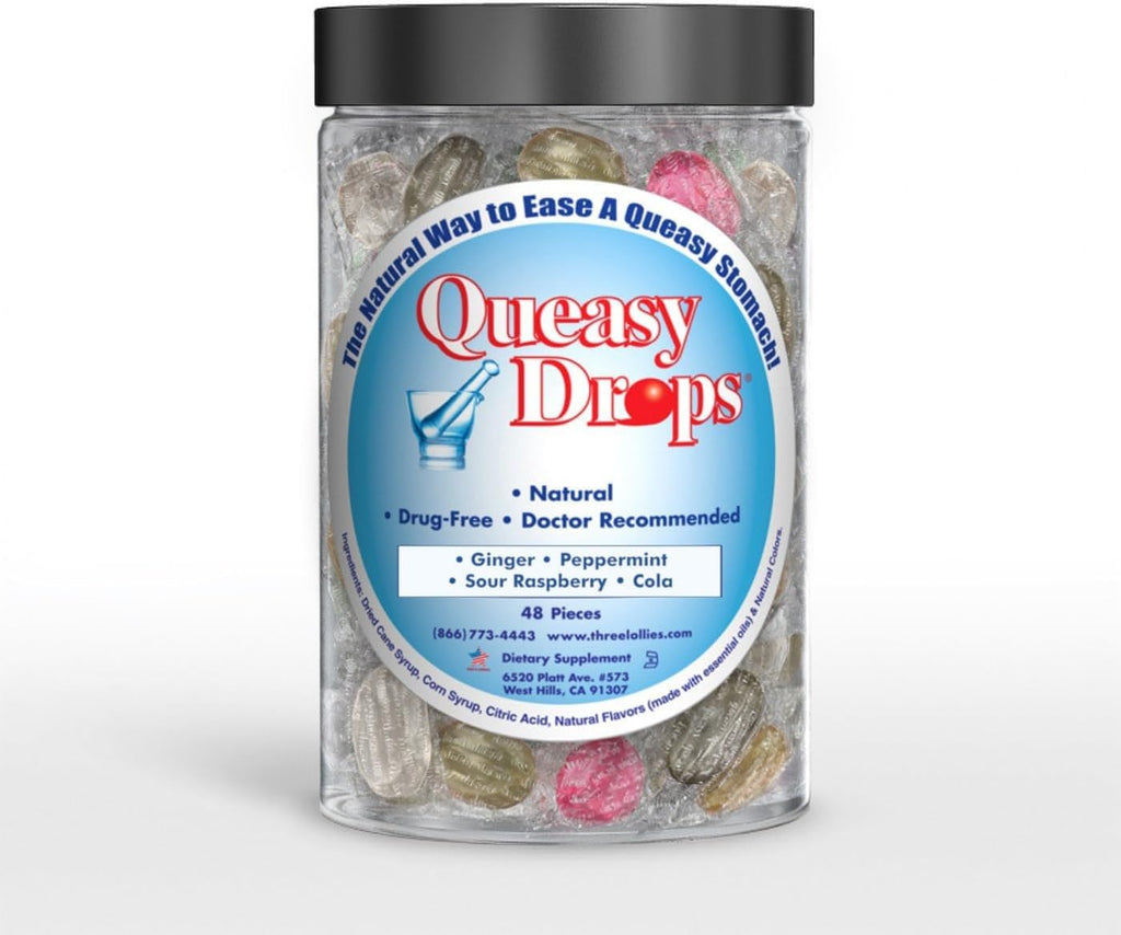 Three Lollies Queasy Drops- Supports Motion Sickness Relief. Also Pregnancy & Morning Sickness Relief. Stomach Settle Drops Assorted 48 Count Three Lollies buy supplements Au