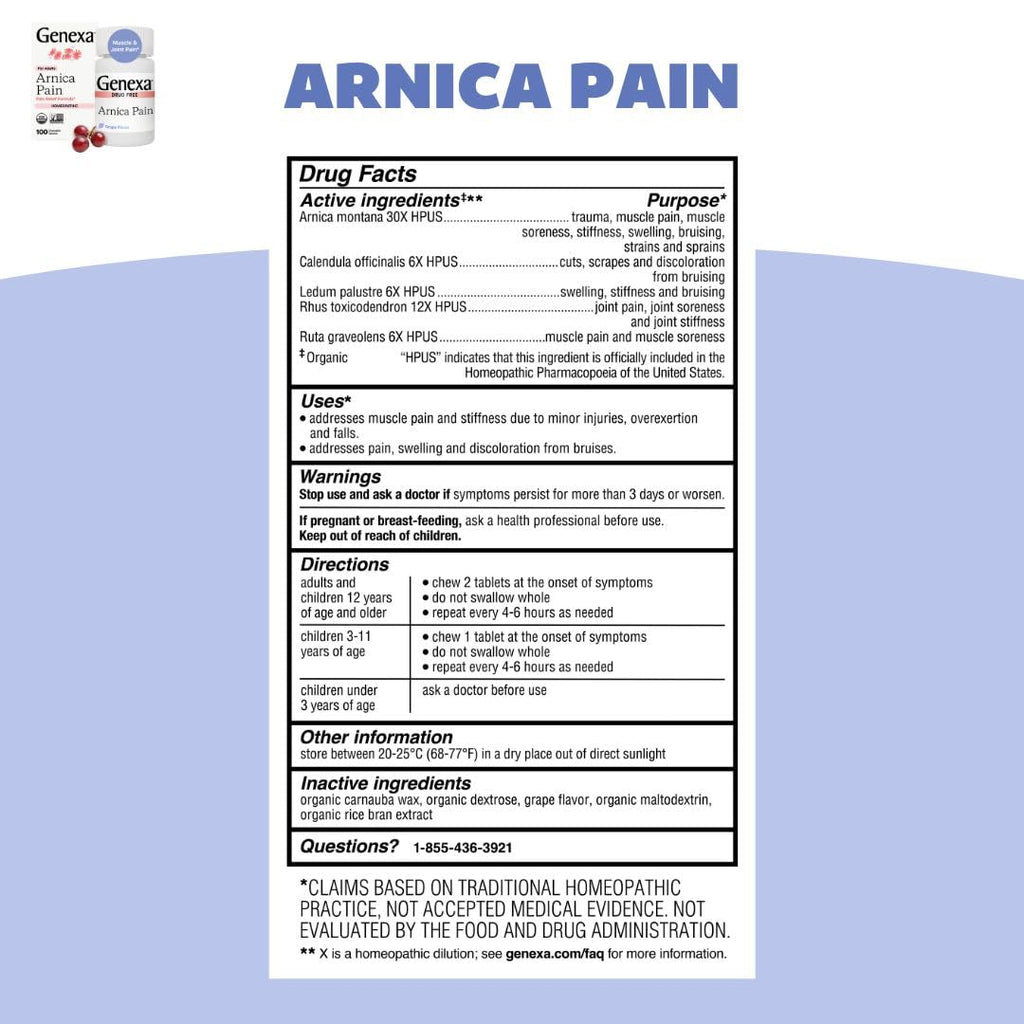 Genexa Adult Pain Relief Bundle | 500mg Acetaminophen Caplets + Homeopathic Arnica Chewables | Fast Relief for Headache, Joint & Muscle Pain | OTC + Homeopathic Combo | No Dyes or Artificial Additives GenexaBuy Supplements Australia