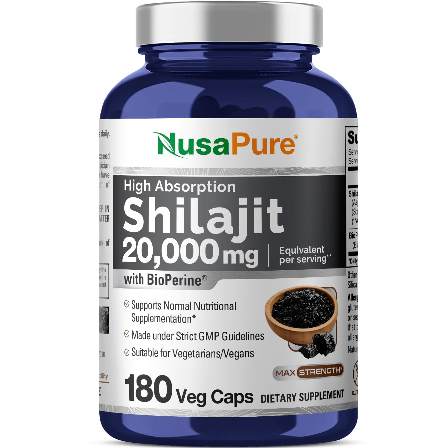 NusaPure Shilajit 20,000mg per Serving, 180 Veggie Caps, Non-GMO, Gluten Free, Bioperine NusaPureBuy Supplements Australia