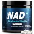 Supplement container labeled 'NAD+ Nicotinamide Riboside + Resveratrol' with capsules on a white background