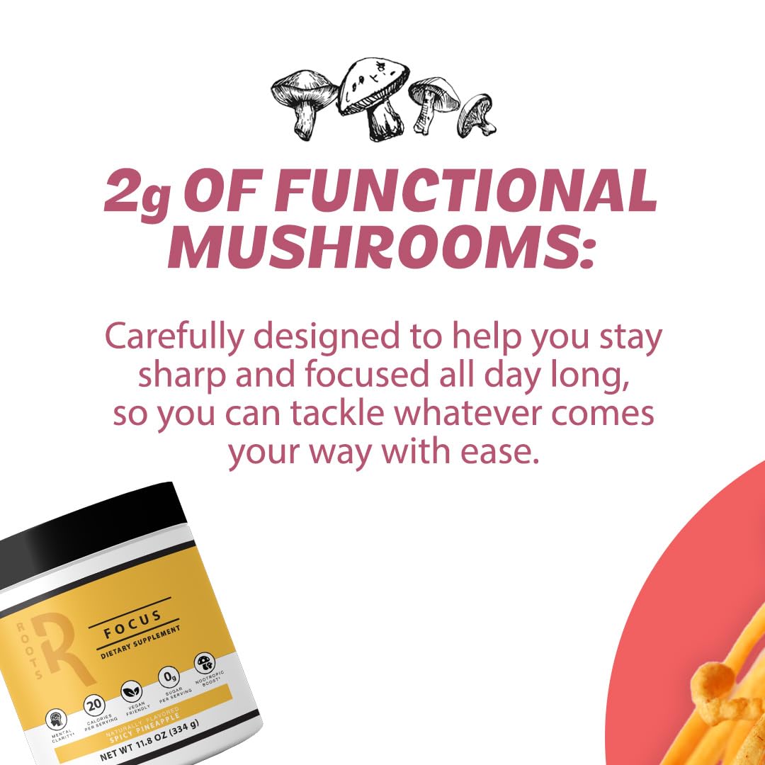 Roots Focus Brain Supplement - Nootropic Mushroom Supplement Powder for Memory, Focus, Energy - Lion's Mane, Cordyceps, Reishi Mushrooms with Caffeine - Blackberry Lemonade, 11.6oz Tub (50 Servings) Silver Star NutritionBuy Supplements Australia
