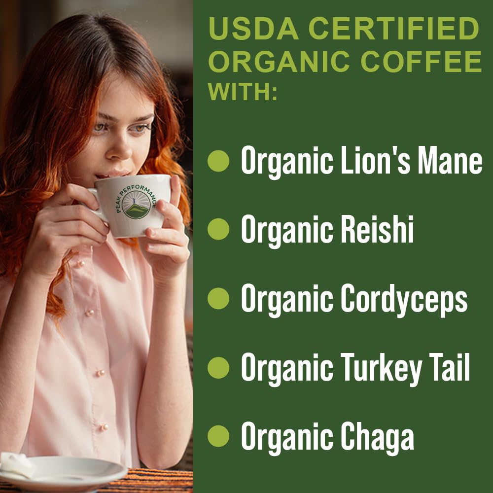 Organic Low Acid Mushroom Coffee with Lion's Mane, Reishi, Cordyceps, Turkey Tail, and Chaga Mushrooms - Great Tasting Premium High Altitude Medium Roast Ground Bags 10 oz by Peak Performance Peak PerformanceBuy Supplements Australia