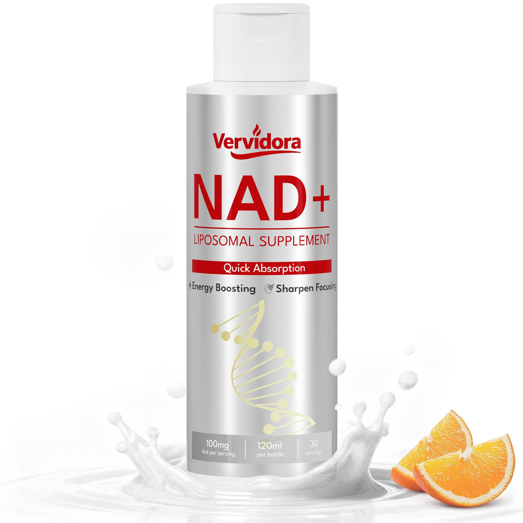 Vervidora NAD+ liposomal supplement bottle with orange slices on a white background