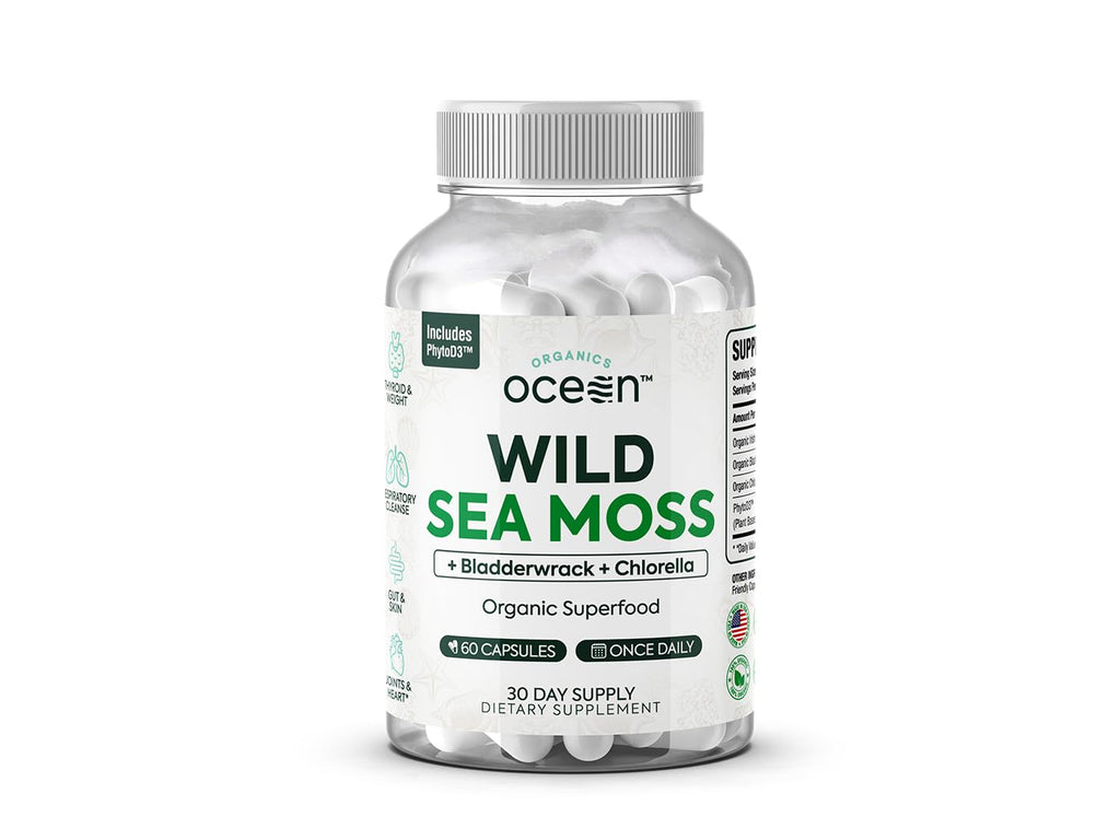 Organics Ocean Wild Sea Moss Capsules - 100% Organic Irish Sea Moss with Organic Chlorella, Bladderwrack and Vitamin D for Energy, Lung Health and Thyroid Support for Women and Men - 60 Capsules Organics OceanBuy Supplements Australia