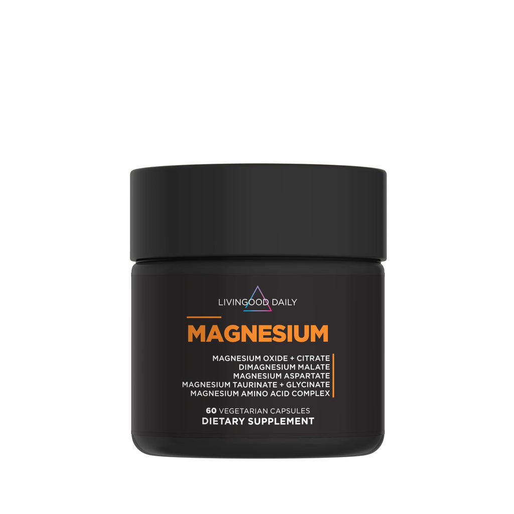 Black supplement jar labeled 'Livingood Daily Magnesium' on a white background