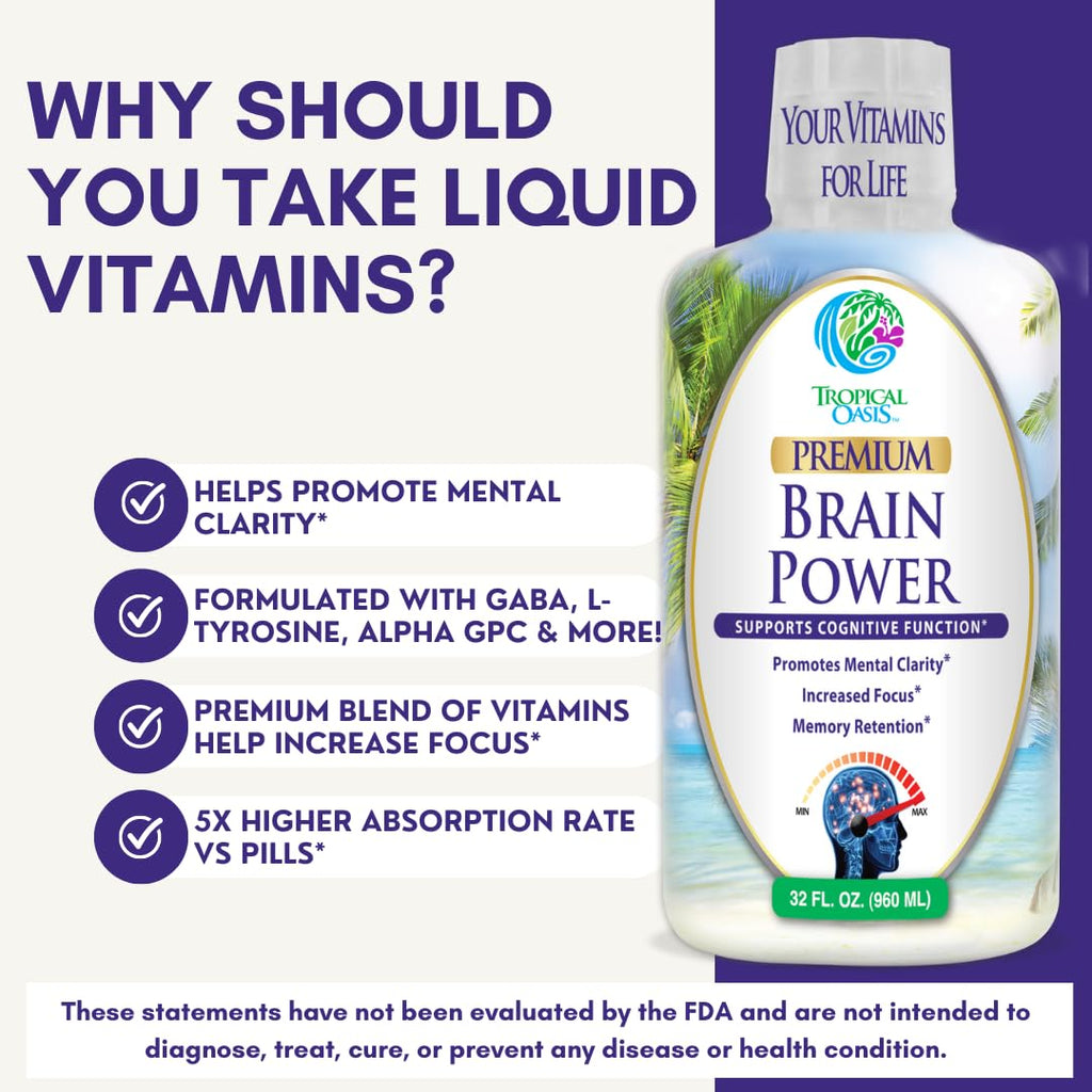 Tropical Oasis - Brain Power | Liquid Nootropic Supplement - Promotes Mental Clarity, Focus, and Memory Retention (Unflavored, 32 Servings) Tropical OasisBuy Supplements Australia