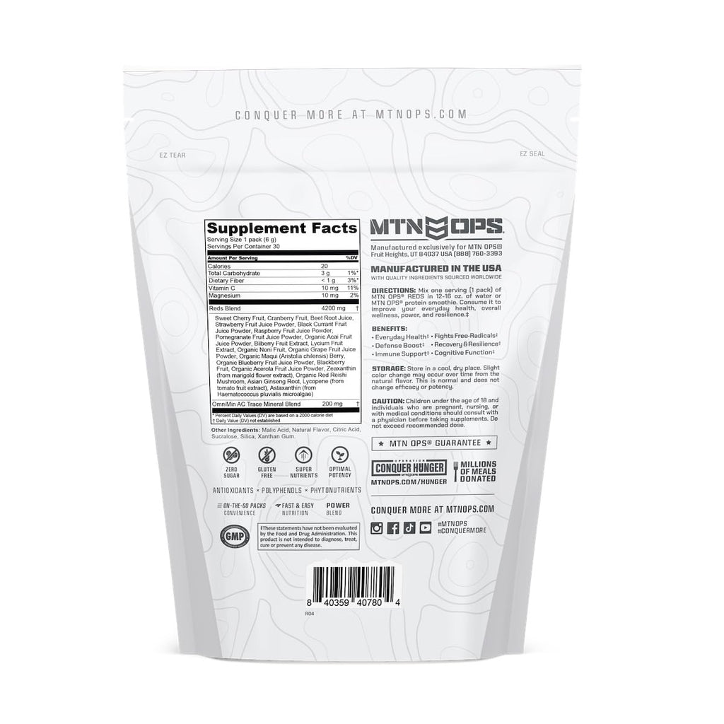 MTN OPS Reds Super Reds Antioxidant Drink Powder Daily Health Blend with Phytonutrients Free Radical Support 30 On The Go Stick Packs MTN OPSBuy Supplements Australia