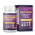 Supplement bottle and packaging with saffron, ashwagandha, rhodiola, and L-theanine on a white background