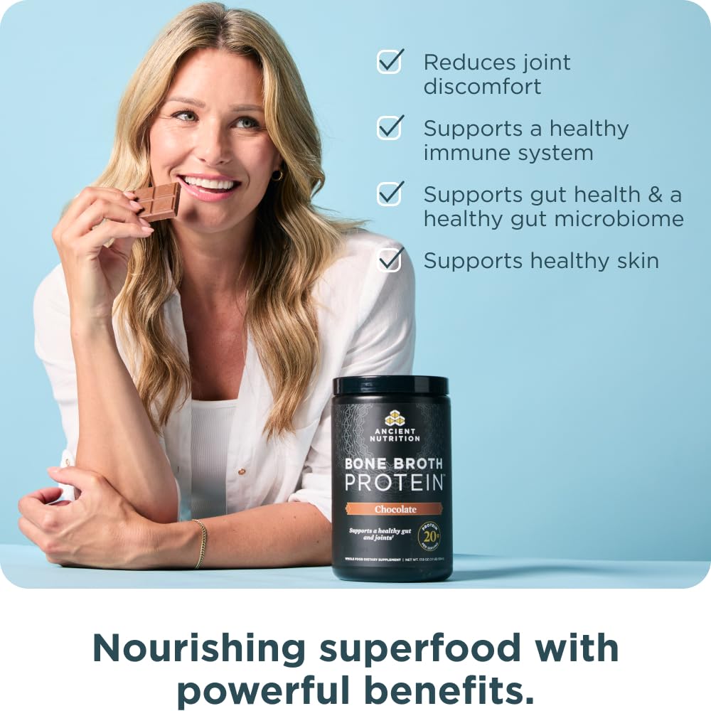 Ancient Nutrition Protein Powder Made from Real Bone Broth, Chocolate, 20g Protein Per Serving, 20 Serving Tub, Gluten Free Hydrolyzed Collagen