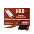 NAD+ supplement packaging with syringes and a box on a white background