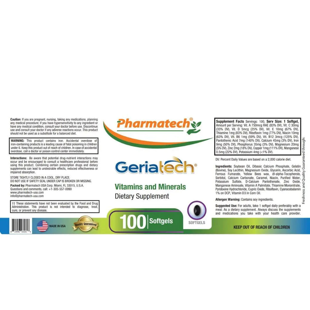 Geriatech Senior multivitamins, Vitamins and Minerals Supplement, Women and Men Over 60, with Vitamin B12, Easy to Swallow Geriatech