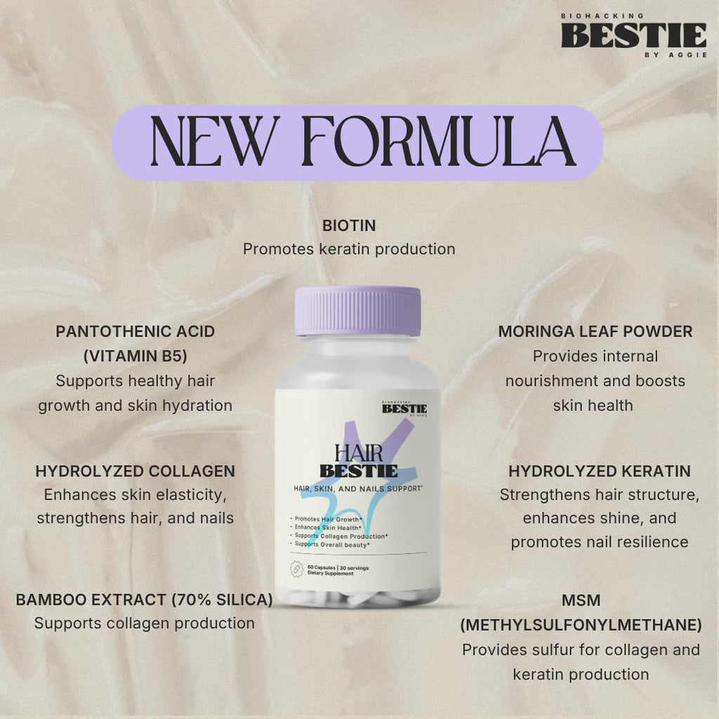 Biohacking Bestie Hair Bestie for Women & Men - Hair Growth Supplement with Biotin, Collagen, Vitamin B5, & Keratin, Support for Skin Health & Nails - 60 Capsules Biohacking BestieBuy Supplements Australia
