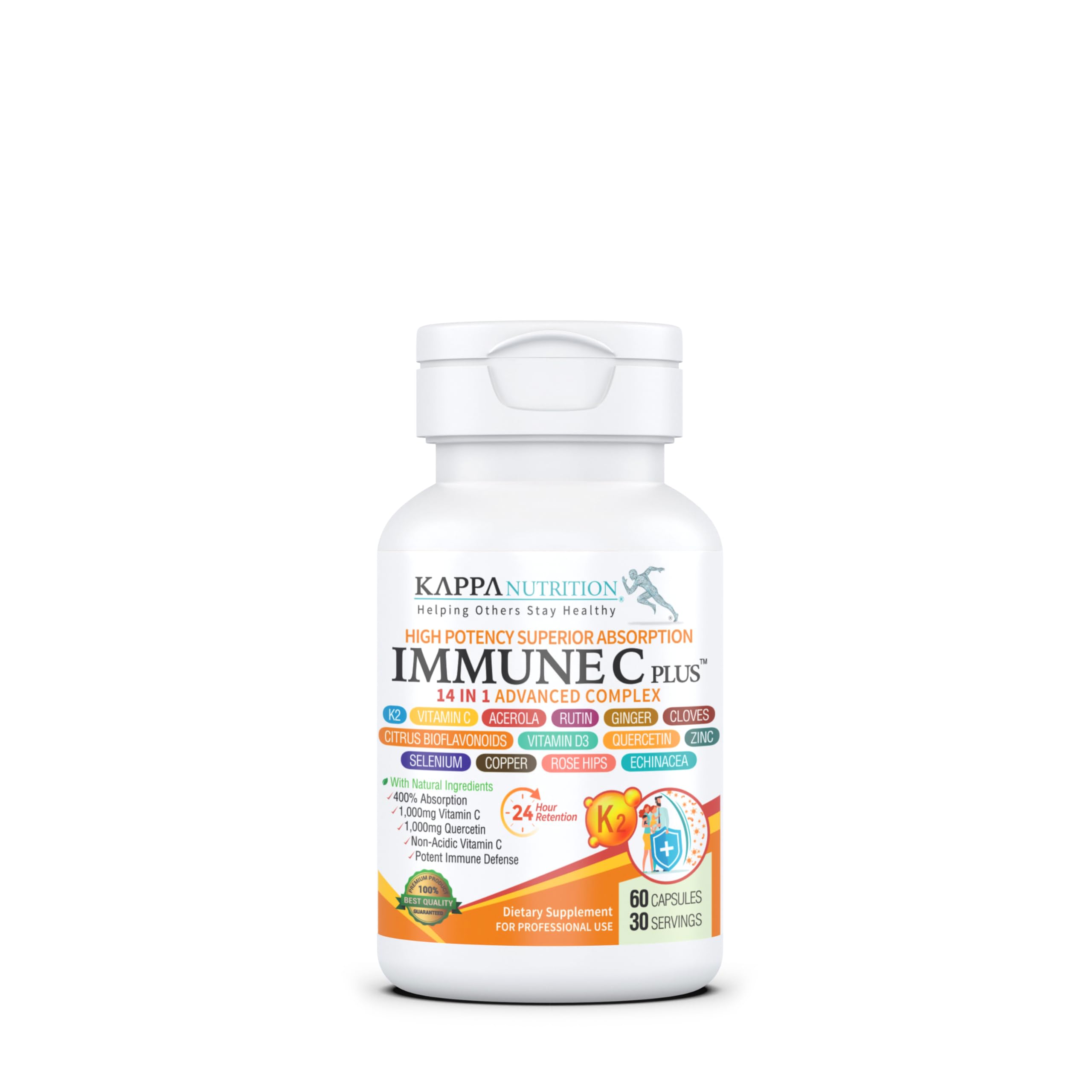 Quercetin 1,000mg, Vitamin C 1,000mg, Zinc 50mg, Vitamin D3 5,000iu, Selenium, Copper, Acerola, Ginger, Rutin, Bitter Orange, Rose Hips, Echinacea, Immune C Plus, 14 in 1 Immune C Plus (60 Count) KAPPA NUTRITIONBuy Supplements Australia