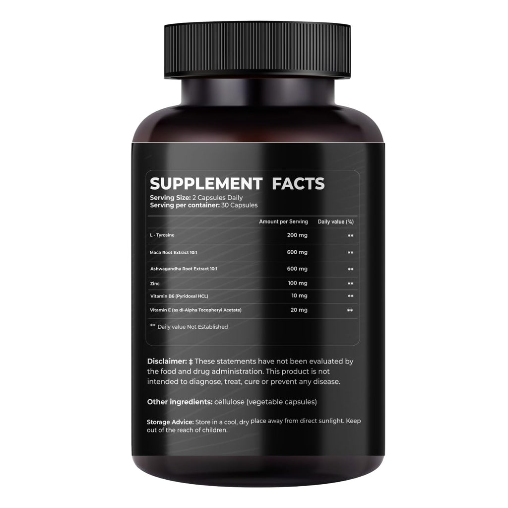 Mishas Nutraceuticals L-Tyrosine with Maca Root, Ashwagandha & Vitamins Complex – Energy, Mental Focus, Stress Relief & Immunity Support – 60 Capsules (30 Servings) MishasBuy Supplements Australia