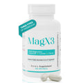 MagX3 dietary supplement bottle with two softgels on a white background