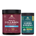 Two Ancient Nutrition protein powder containers, one for multi collagen protein and the other for organic super greens, on a white background.