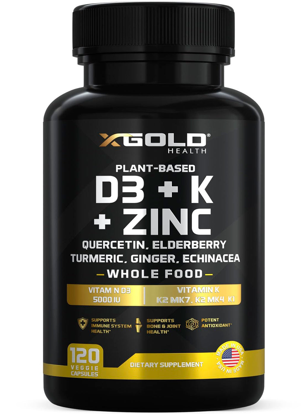 Vitamin D, K2, K1, Zinc, Quercetin, Elderberry, Turmeric, Ginger & Echinacea Whole Food Supplement 8 in 1- D3 5000 IU Plant-Based from Lichen, Vitamin K (K2 MK7, MK4, K1)