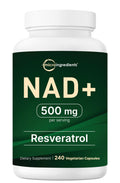 Supplement bottle labeled 'NAD+' with 500 mg per serving and Resveratrol on a white background.