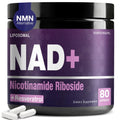 Supplement container labeled 'NAD+ Nicotinamide Riboside' with white capsules on a white background