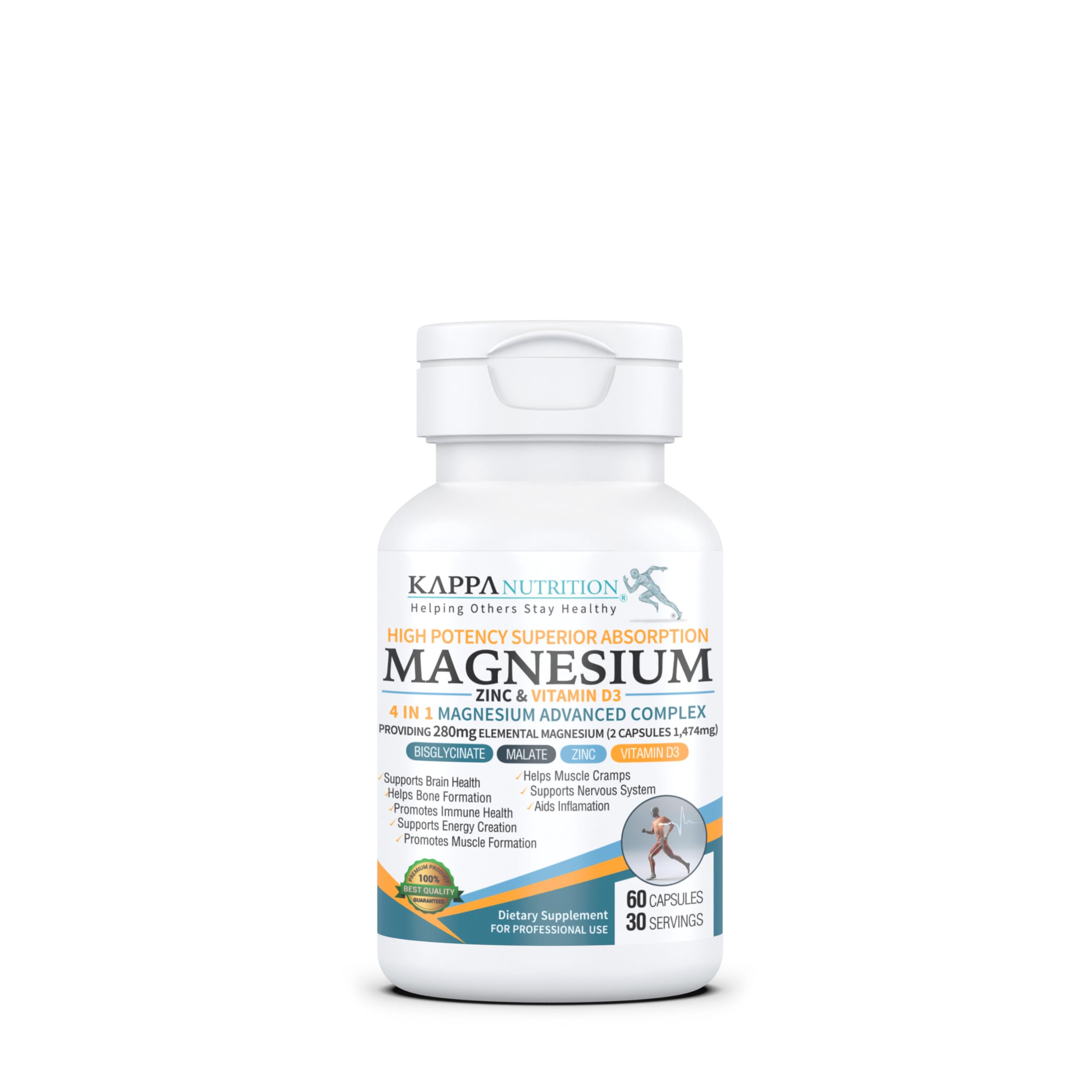 Kappa Nutrition Magnesium 4-in-1, 280mg Elemental Magnesium (Bisglycinate, Malate) + Zinc & Vitamin D3, Brain, Sleep, Energy, Muscle, Immune Support, 60 Vegan Capsules. KAPPA NUTRITIONBuy Supplements Australia