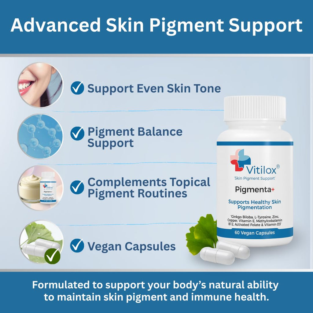 Vitilox Pigmenta+ Advanced, Skin Tone Support Supplement – 60 Tablets | 2 Months | Natural Vitiligo Skin Pigmentation Support | Reduce White Body Spots VitiloxBuy Supplements Australia