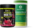 Two supplement containers, one labeled 'Power Beets' and the other 'Greens Blend', on a white background.