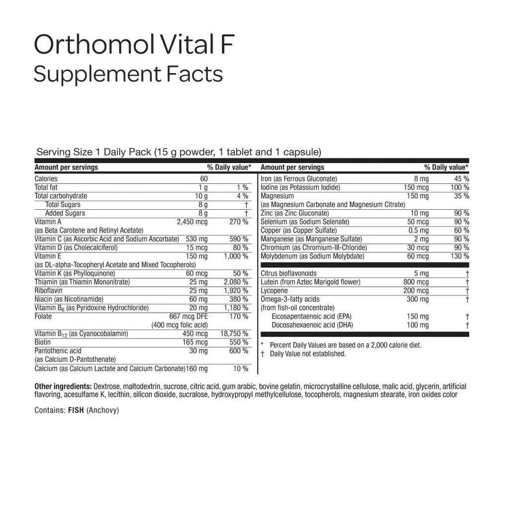Orthomol Vital F Powder & Tablet Packet, Women's Multivitamin, 30-Day Supply, Vitamins A, B, C, D, E, K, Calcium, Iodine, Omega-3… Orthomol