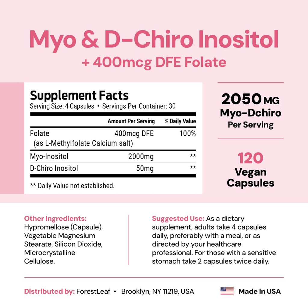 Myo-Inositol & D-Chiro Inositol Supplement for Women's Health | Fertility Supplements Women | Inositol 40:1 Ratio Support Ovarian Function & Healthy Hormone Balance Women | 2050mg | 120 Powder Caps ForestLeafBuy Supplements Australia