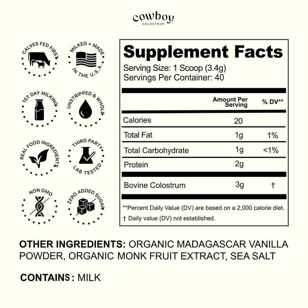Cowboy - The Exclusive 1st Milking, Whole, Grass Fed Colostrum Supplement for Full Body Health - Bovine Colostrum Powder Packed w/Bioactive Nutrients - Sugar Free (Vanilla, 40 Servings) COWBOY COLOSTRUM buy supplements Au