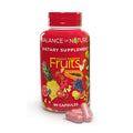 Red supplement bottle labeled 'Balance of Nature' with fruit illustrations on a white background